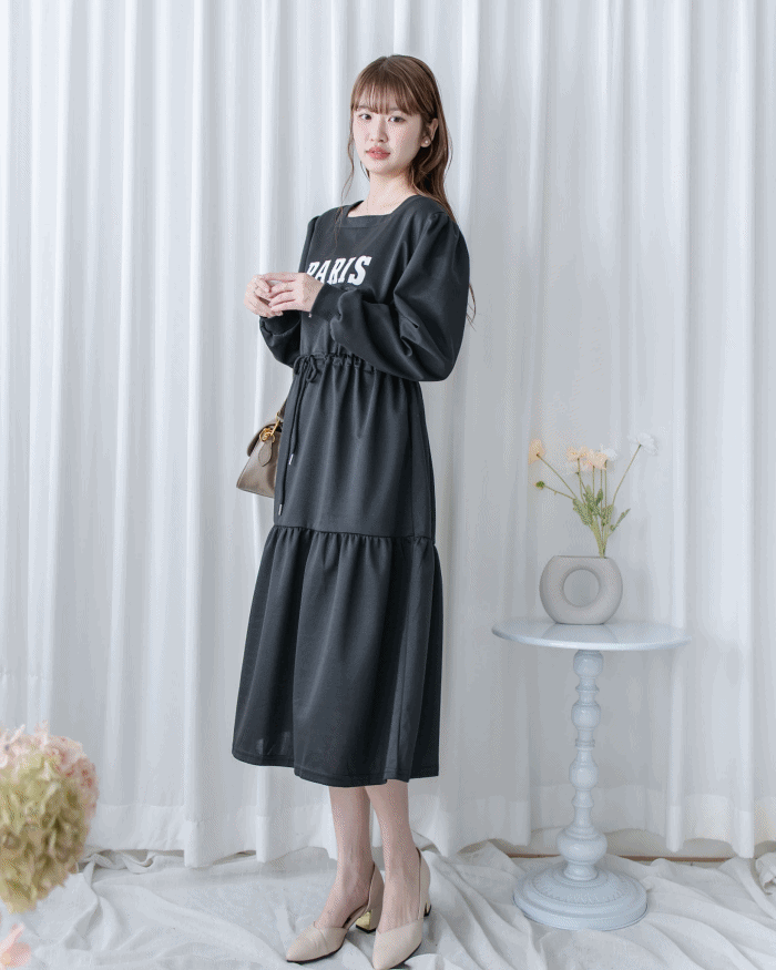 Paris Square Neck Dress 字母方領束繩修腰連身裙/ DS1057 (pre-order black)