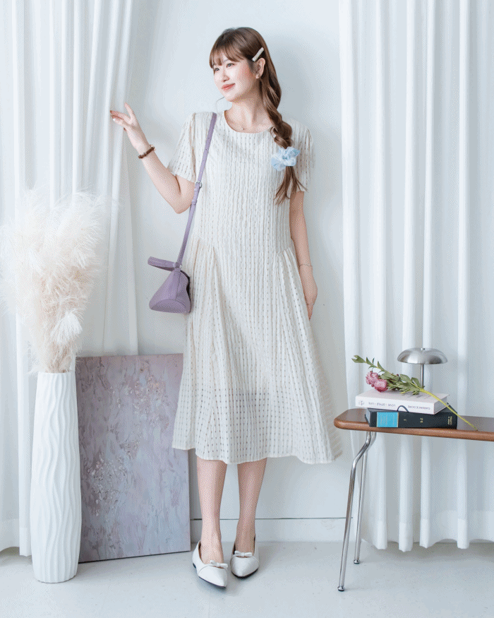 Tonal Check Dress 編織提花拼接側傘形連身裙/ DS1177