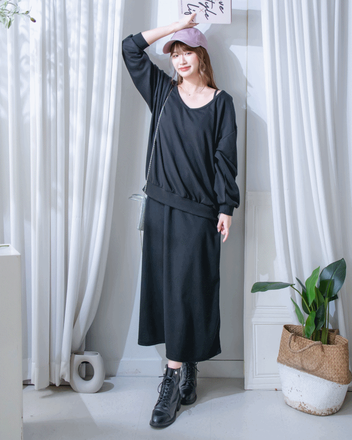 Pullover Dress Set 衛衣彈性吊帶長裙慵懶套裝/ SE8126
