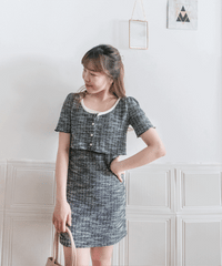 ! 𝓛𝓲𝓶𝓲𝓽𝓮𝓭 𝓻𝓮𝓽𝓾𝓻𝓷 ! Coco, 知性彈性混藍線十字紋兩件套裝, SET/ DS9247