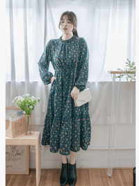Lace Collar Floral Dress 細花邊圓領修腰印花連身裙/  DS1010