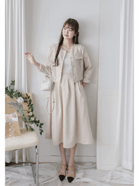 Beige Skirt Set 溫柔杏色十字線棉精緻鈕扣套裝/ SE8089