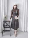 Check Set 後交叉帶吊帶格紋連身裙 （一Set兩件）/SE8096
