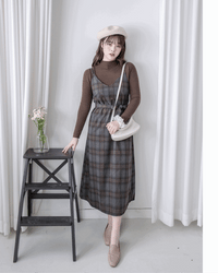 Check Set 後交叉帶吊帶格紋連身裙 （一Set兩件）/SE8096