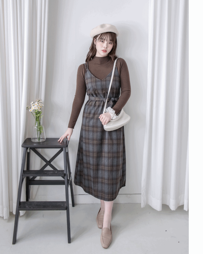 Check Set 後交叉帶吊帶格紋連身裙 （一Set兩件）/SE8096