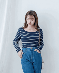 Square Collar Knit Top 法式方領顯瘦條紋針織打底上衣/ TP9211