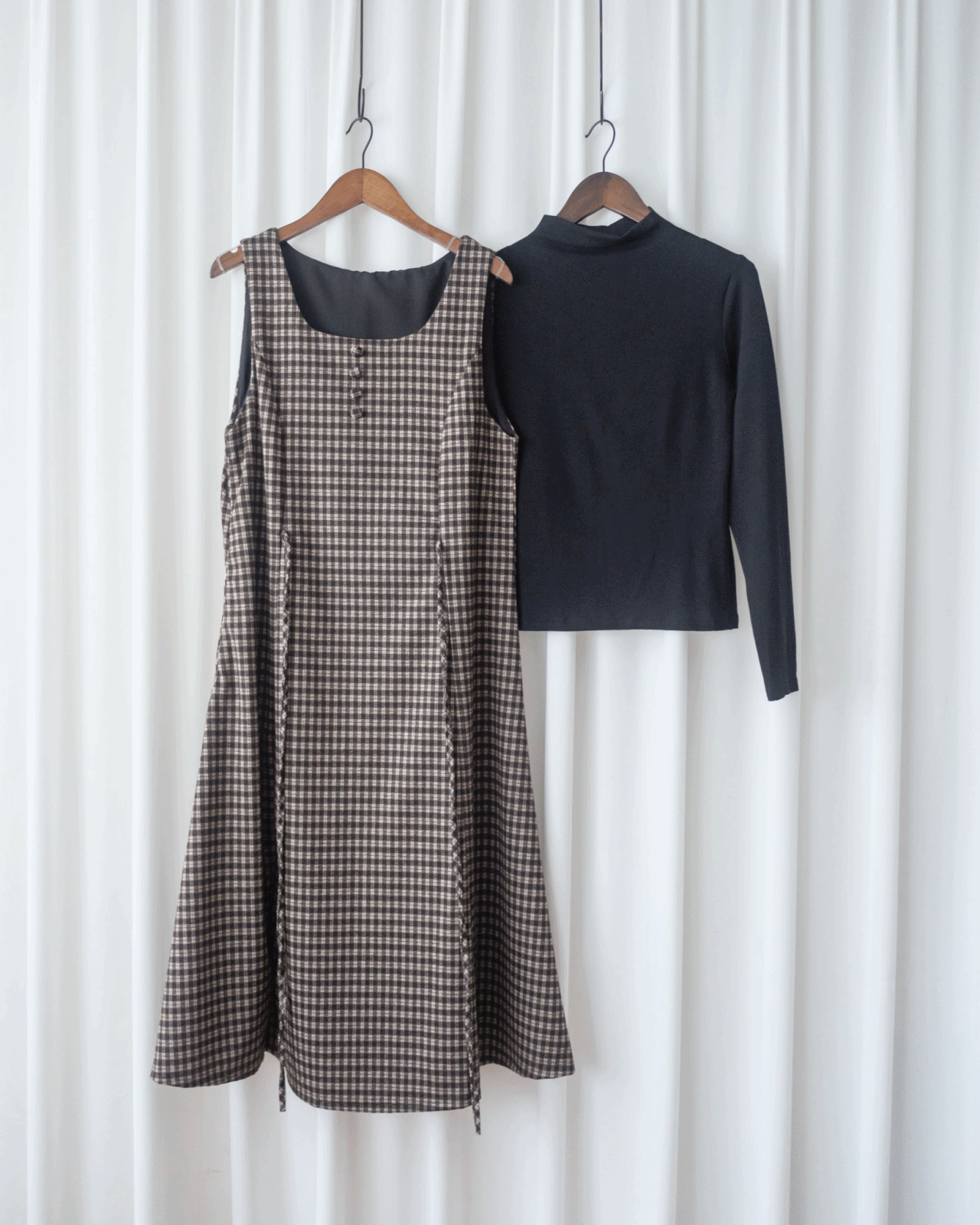 Check Set 格紋方領綁帶修腰連身裙套裝 / SE8100