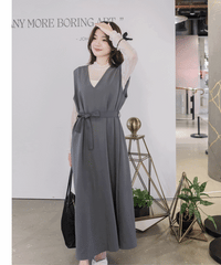 [限量現貨回歸]  Vest Belt Dress 防皺V領中間修飾線修腰背心裙/ DS9665