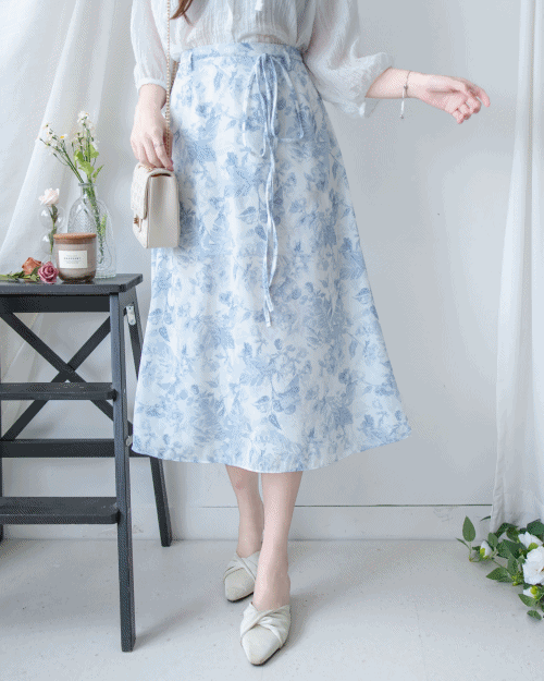 Pastel Leaf Skirt 手繪淡雅葉子印花綁帶傘A形裙/ SK8948