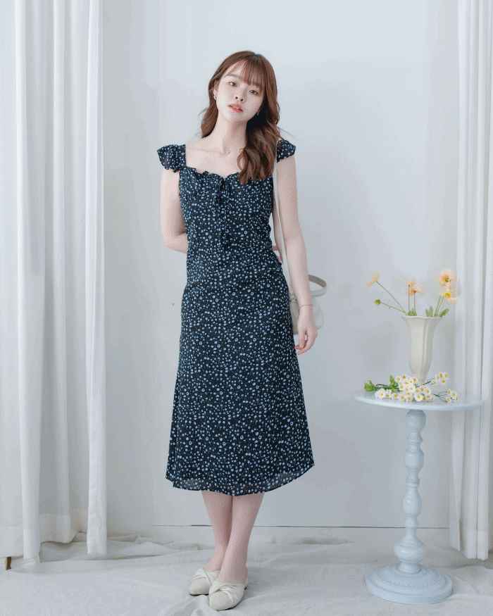 Falling petals Dress 花瓣印花後橡筋兩穿荷葉連身裙/ DS1124 (black sold out)