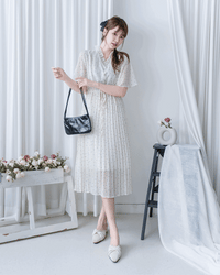 V Ruffle Dot Dress 木耳邊 V 領壓褶雪點雪紡連身裙/DS1162