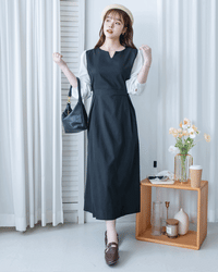 Spliced Shirt Dress 仿內搭恤衫小V領口修腰連身裙/ DS1183