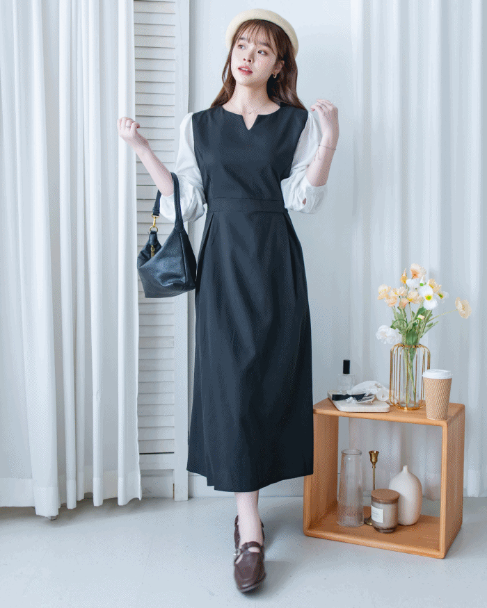 Spliced Shirt Dress 仿內搭恤衫小V領口修腰連身裙/ DS1183