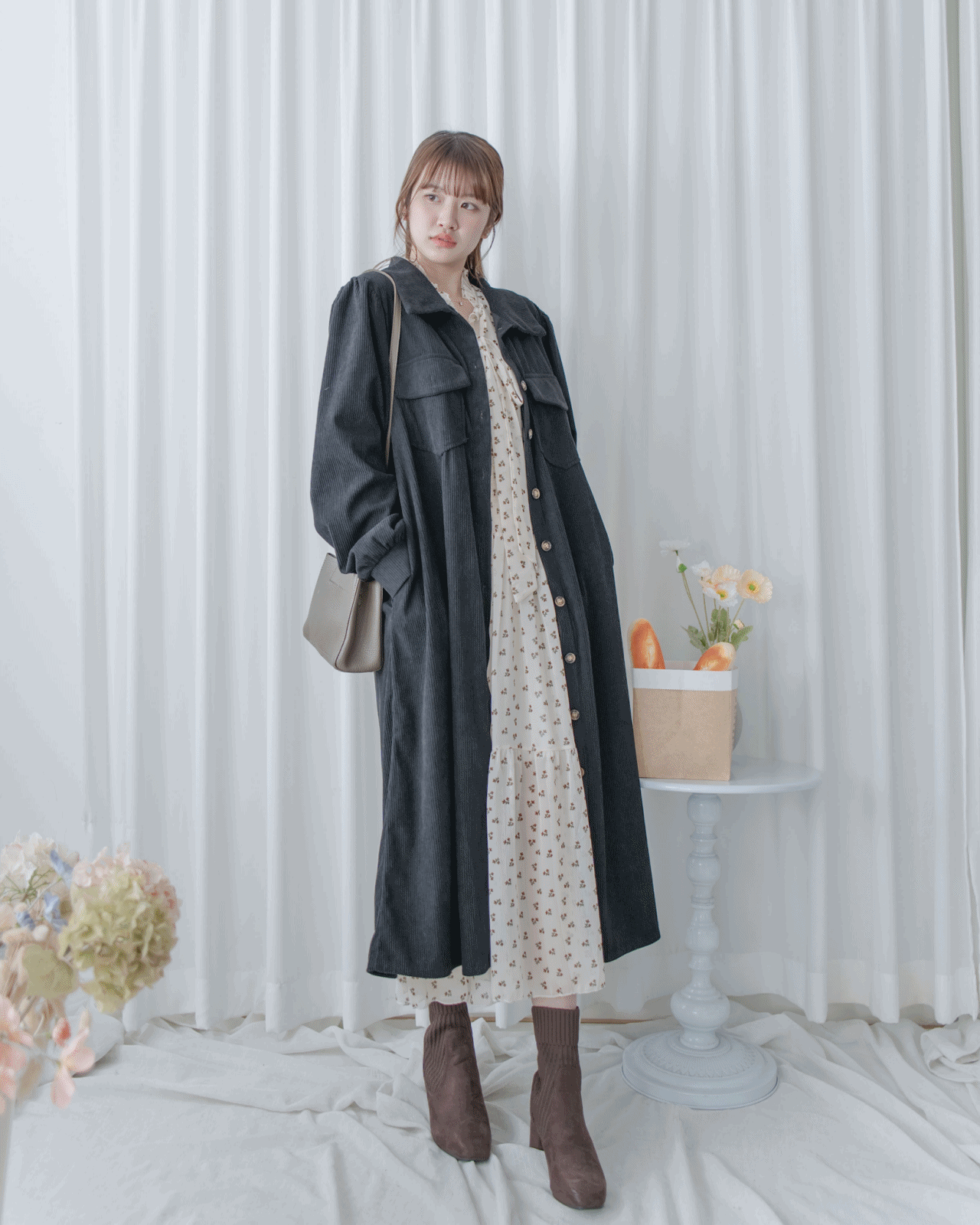 French Dress 燈芯絨暗條紋簡約口袋連身裙或外套/ DS1058 (Pre-order black 2月5日截單)