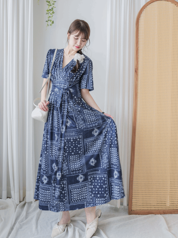 Ethnic Dress 防皺彈性幾何圖案連衣裙/ DS9958 (white sold out)