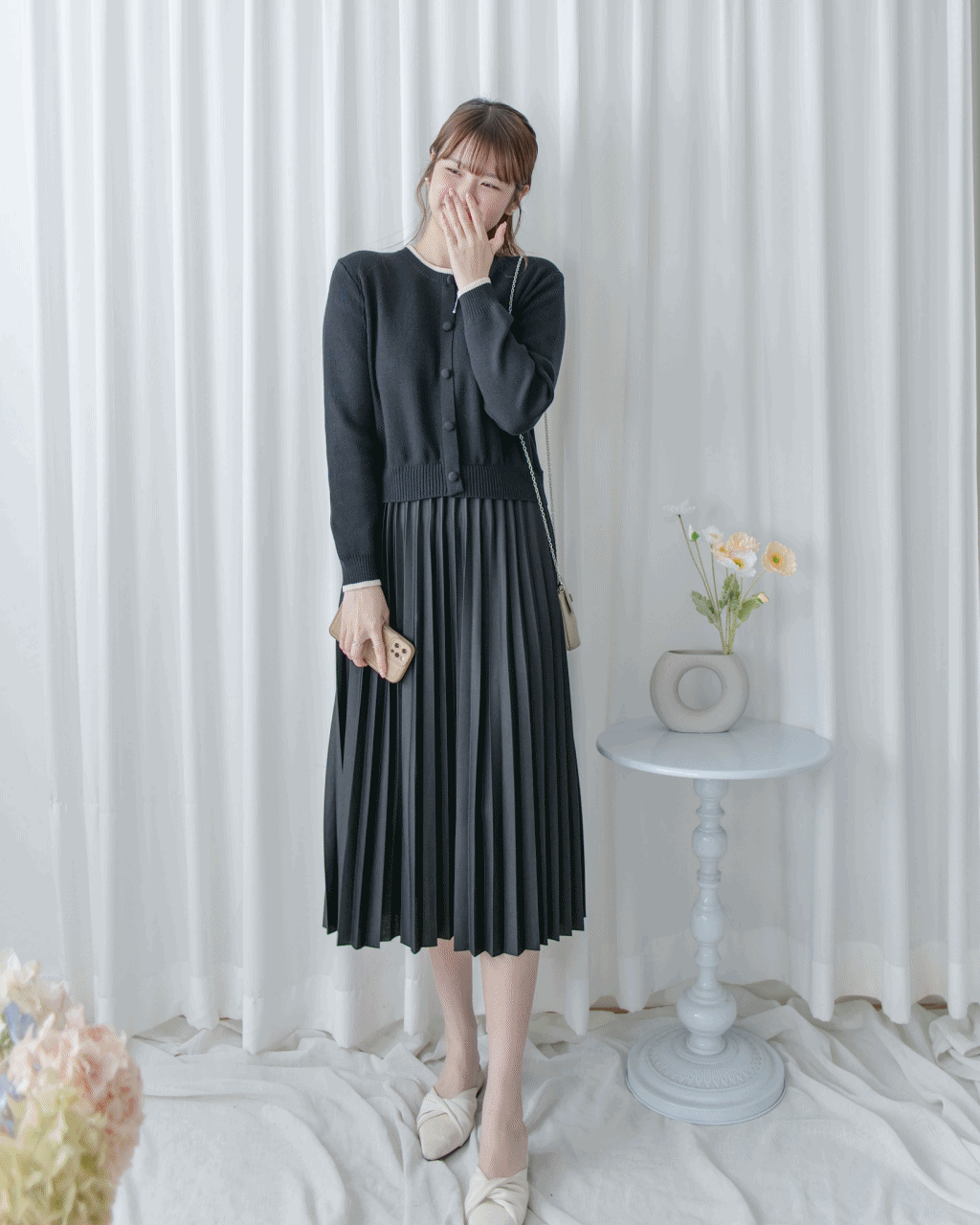 Pleated Cardigan Dress 小香風拼色針織外套假兩件百褶長裙/ DS1067 (pre-order 2月5日截單)