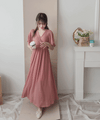 Light Coral 珊瑚粉疊V領後蝴蝶飄飄裙尾連身裙, Dress/ DS9594