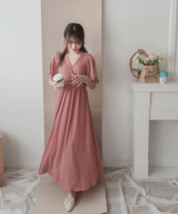 Light Coral 珊瑚粉疊V領後蝴蝶飄飄裙尾連身裙, Dress/ DS9594