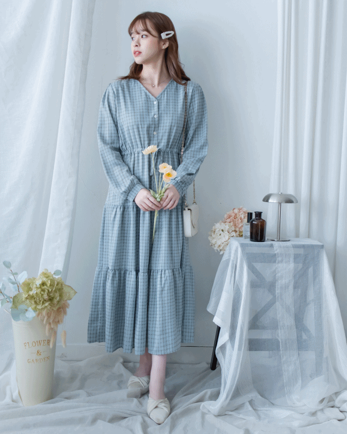 Tiffany Checked dress 湖水藍綠淡色細條格紋修腰連身裙/ DS1196