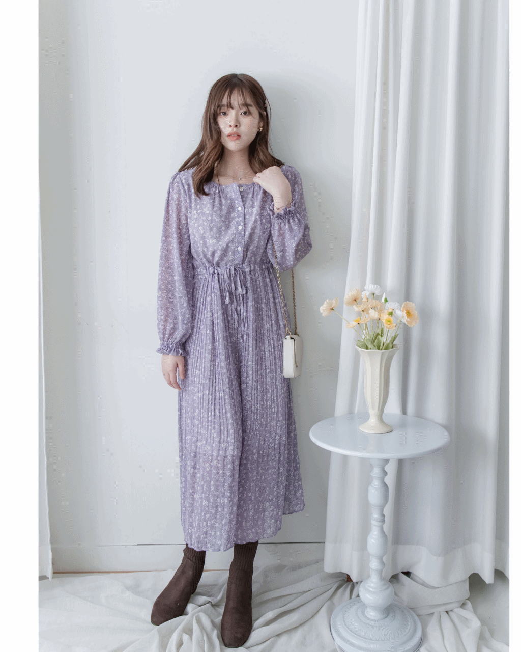BabyBreath Pleated Dress 滿天星印花繫帶飄逸百褶長裙/ DS1063 (Pre-order lavender 2月5日截單)