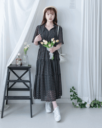 Ethnic Stripe Dress 清新條紋小花束花邊高腰連身裙/ DS1145