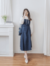 Vest Denim Dress 雙帶白色裝飾線牛仔修身吊帶裙/ DS9810