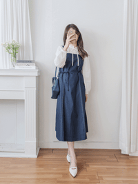 Vest Denim Dress 雙帶白色裝飾線牛仔修身吊帶裙/ DS9810