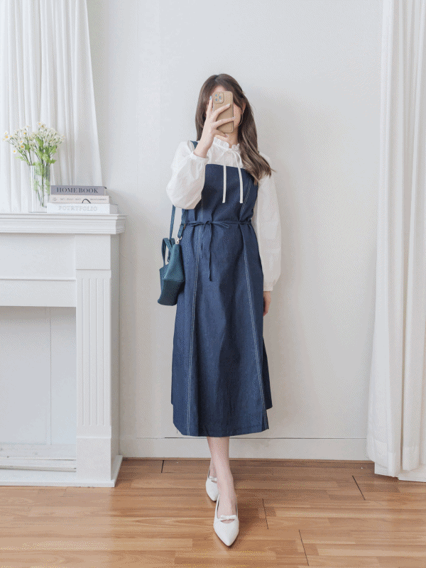 Vest Denim Dress 雙帶白色裝飾線牛仔修身吊帶裙/ DS9810