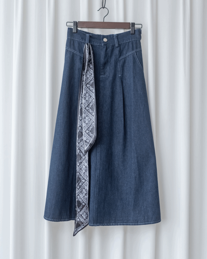 Scarf Denim Skirt 法式絲巾腰帶顯瘦車線牛仔裙/ SK8933