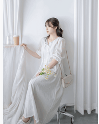 French Dress 織紋直條通花舒適連身裙/ DS1027