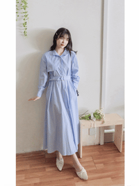 Blue Stripe Dress 淺藍色條紋銀釦修腰風衣連身裙/ DS9818 (pre-order 3月5截單)