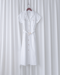 Marble White Dress 白色棉麻雲石腰帶修腰連身裙/ DS1123