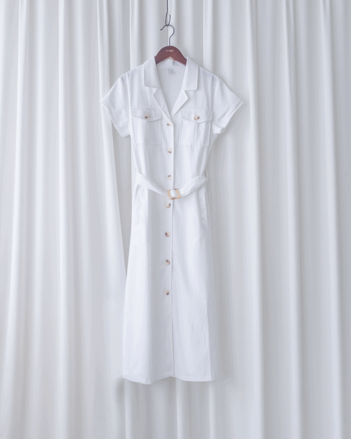 Marble White Dress 白色棉麻雲石腰帶修腰連身裙/ DS1123