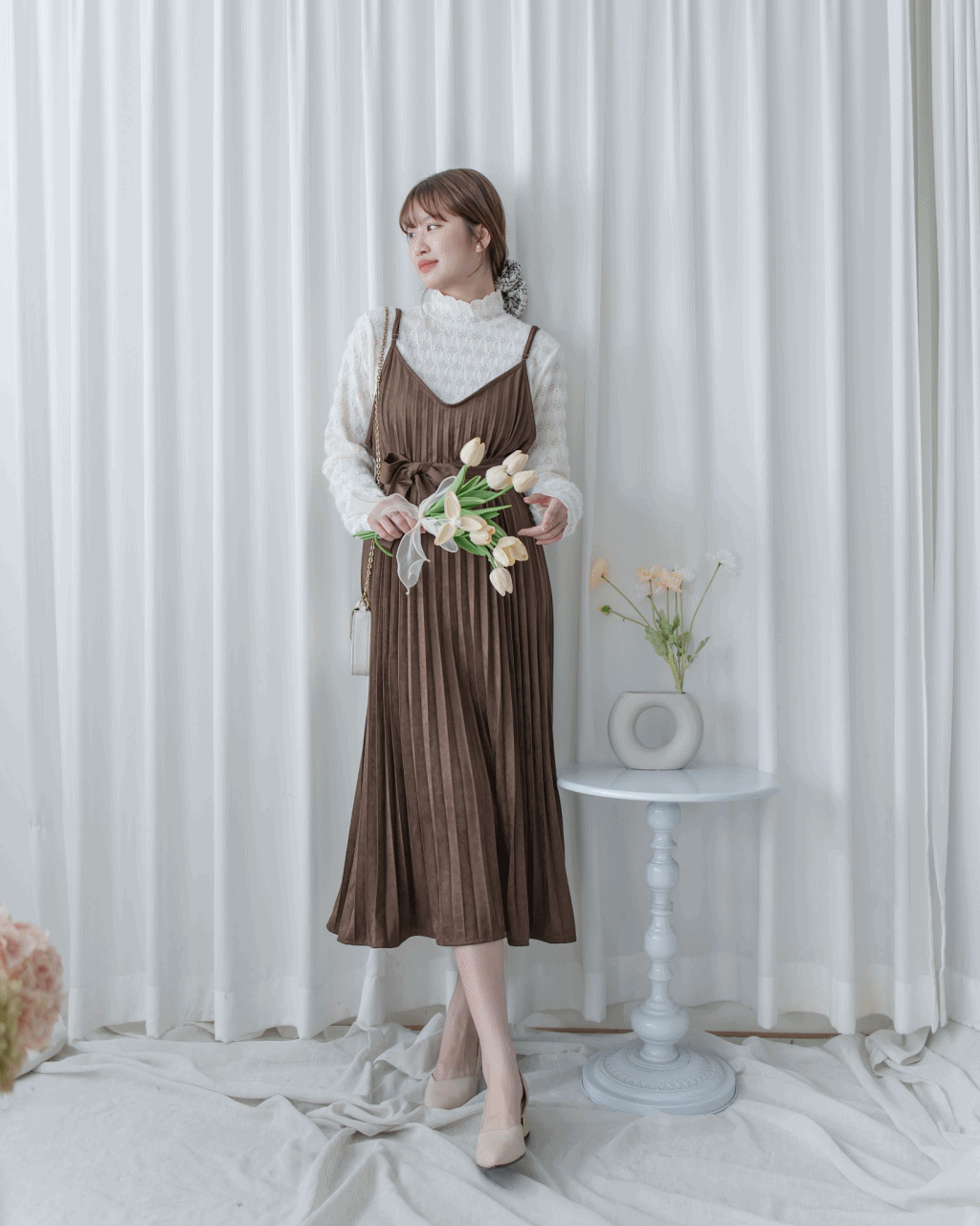 Pleated Vest Dress 立體細褶V領吊帶百褶長裙/ DS1061