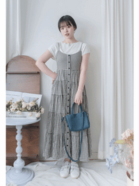 Check Dress 顯瘦彈性衣身細緻車褶裙擺格子長裙/ DS9898