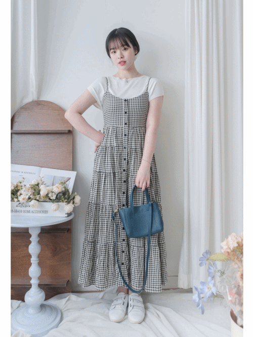 Check Dress 顯瘦彈性衣身細緻車褶裙擺格子長裙/ DS9898