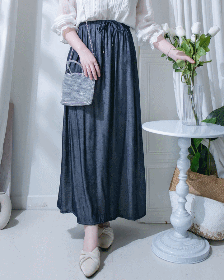 Denim Quiet Lux Skirt 低調質感直身亮絲金屬扣長裙/ SK8957