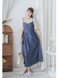 Denim vest dress 裝飾鈕扣假修腰線牛仔吊帶連身裙/ DS9982