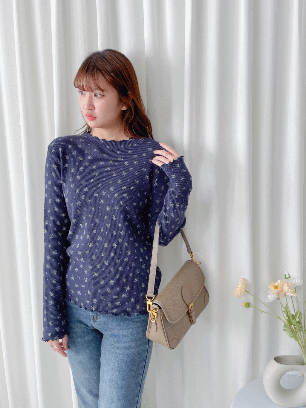Waffle Floral Top 碎花暗格木耳邊上衣 / TP9204 (pre-order navy 1月25截單)