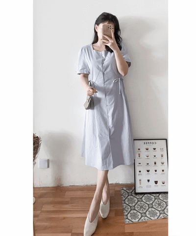 (日常隨性 簡潔側腰橡筋) Navy 深藍車邊線口袋傘裙連身裙, Dress/ DS9493