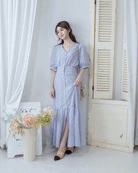 Lavender Check Dress 薰衣草高腰壓褶格紋連身裙/DS1158