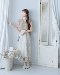 Beige belt Shorts Set 仿麻棉寬肩背心金屬腰帶短褲套裝/SE8116