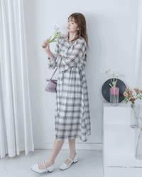 Chiffon Checked Dress 雪紡格紋修腰口袋連身裙/ DS1079