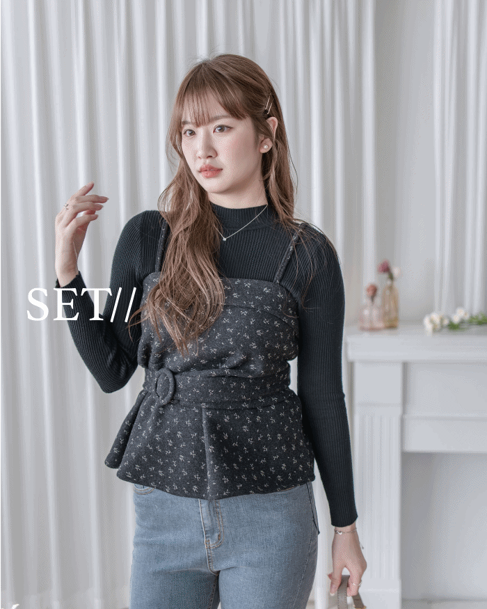 Floral Set 黑色內搭碎花吊帶背心上衣套裝/ SE8101 （pre-order 1月25截單）