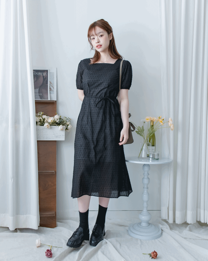（附送打底裙）Dot Dress 暗條紋棉質方領點紋顯瘦腰線連身裙/ DS1146