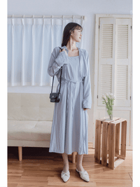 Shirt Set Dress 氣質霧藍恤衫外套吊帶連身裙/ DS9835
