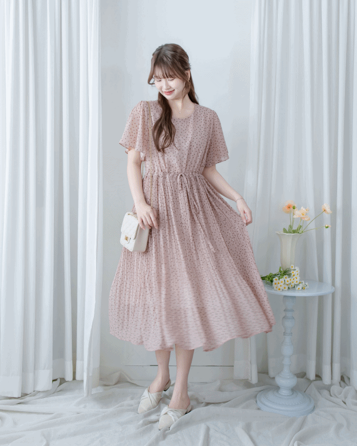 Shadow Floral Dress 輕盈影子細花束腰細褶連身裙/ DS1121 (pre-order tea-rose)