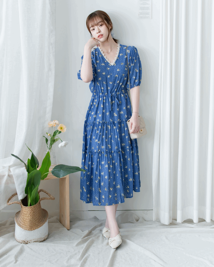 Lace Floral Dress 法式蕾絲 V 領碎花層次連身裙/DS1175
