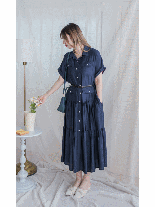 [ 限時重開訂購🕣 ]（連腰帶) Sophisticated Dress 深藍口袋襯衫連身裙/ DS9966