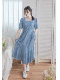 【現貨限量回歸 Special blue】Square Neck Floral Dress 單色光影印花方領口袋連身裙/ DS9975